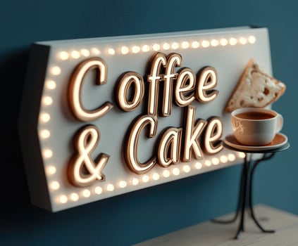 Illuminated coffee and cake sign hanging on a blue wall photo