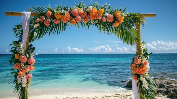 Wedding arch decorated with dahlias and tropical flowers on beach photo