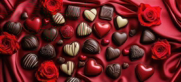 Heart-shaped chocolates and red roses creating romantic atmosphere for valentine's day photo