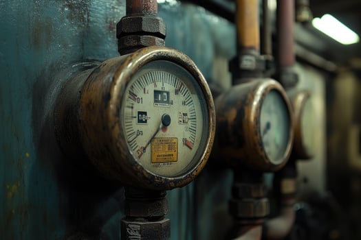 Old vintage rusty pressure gauges measuring gas pressure inside pipeline photo