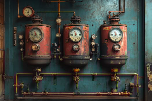 Old industrial valves and pipes showing pressure gauges on a weathered wall photo