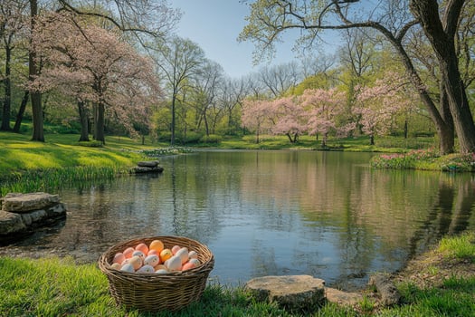 Easter eggs basket sitting next to tranquil lake in blooming spring park photo