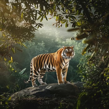 Majestic Tiger by a River Stunning Nature Scene with Sun Rays and Vibrant Wildlife photo