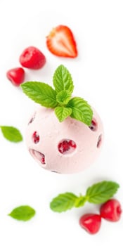 Delicious strawberry and raspberry ice cream topped with fresh mint leaves on a white background photo
