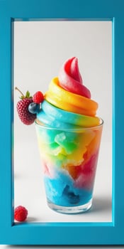 Colorful layered dessert with soft serve and fresh berries served in a glass container in a bright blue frame photo