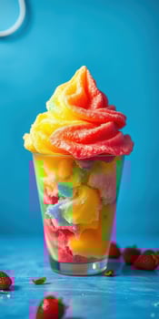 Colorful shaved ice dessert topped with vibrant flavors in clear cup against bright background photo