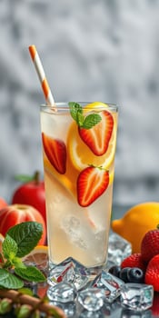 Refreshing summer drink with strawberries, lemons, and mint on a bed of ice cubes photo