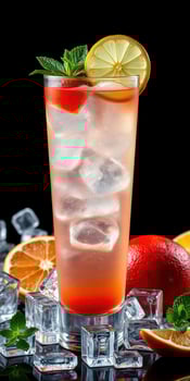 Refreshing fruit cocktail with ice served in a tall glass, garnished with mint and citrus slices photo