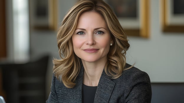 Mature woman CEO at a desk, working on her laptop in a quiet office, focus on her face, contemporary business space photo