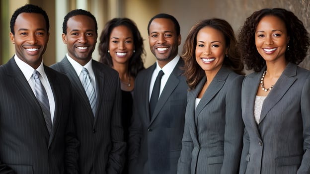 Company employees participating in a professional development seminar, diverse team seated in rows in an office setting photo