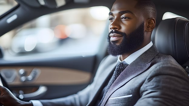 Executive in a car, working with a laptop on the go, preparing for the workday ahead photo