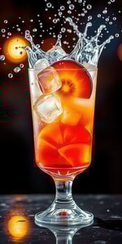 Refreshing cocktail with vibrant fruit and ice splashing in a glass at a lively bar in the evening photo