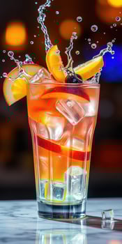 Refreshing fruit cocktail served in a tall glass with ice and splashes at a vibrant bar photo