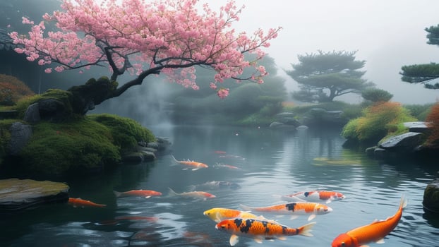 Koi fish pond in a serene Japanese garden photo