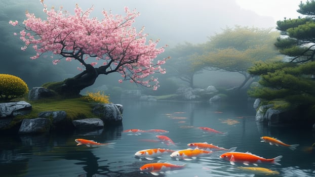 Koi fish pond, cherry blossom tree photo