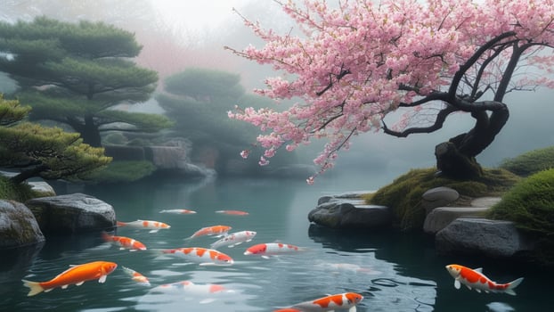 Koi fish pond, cherry blossoms, zen garden photo