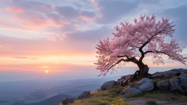 Pink cherry blossom tree at sunset photo
