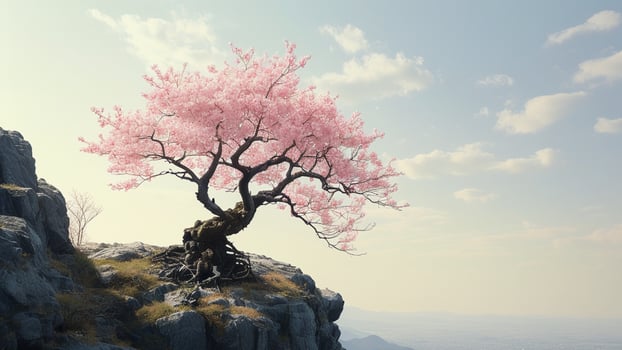 Pink cherry blossom tree on cliff photo