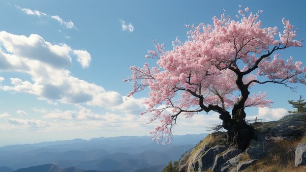 Pink cherry blossom tree on mountaintop photo