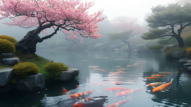Serene Koi Pond with Cherry Blossoms photo