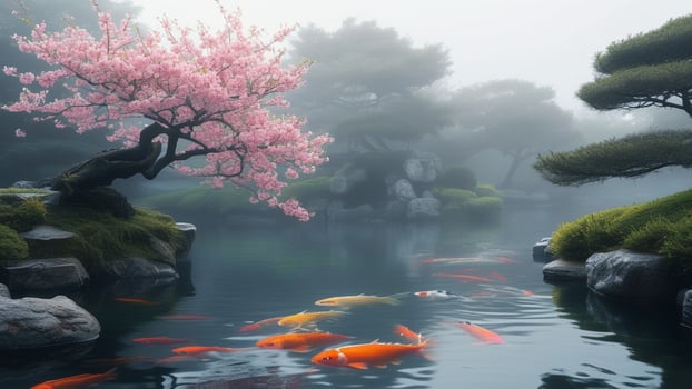 Serene Koi Pond with Cherry Blossoms photo