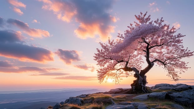 Sunrise over blossoming tree photo