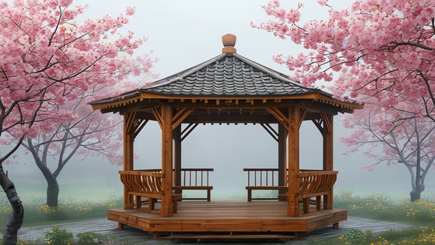 Wooden gazebo in a cherry blossom garden photo