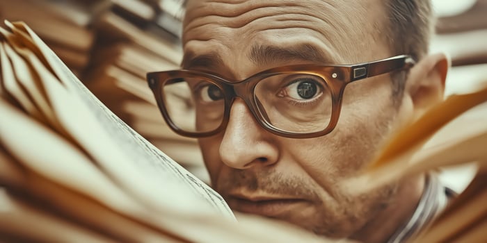 Man with glasses surrounded by papers photo