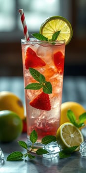 Refreshing strawberry mint drink served in a tall glass with lemon slices and mint leaves in a cozy setting photo