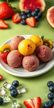 Colorful assortment of fruit-flavored sorbet served on a white plate with fresh berries and citrus slices photo