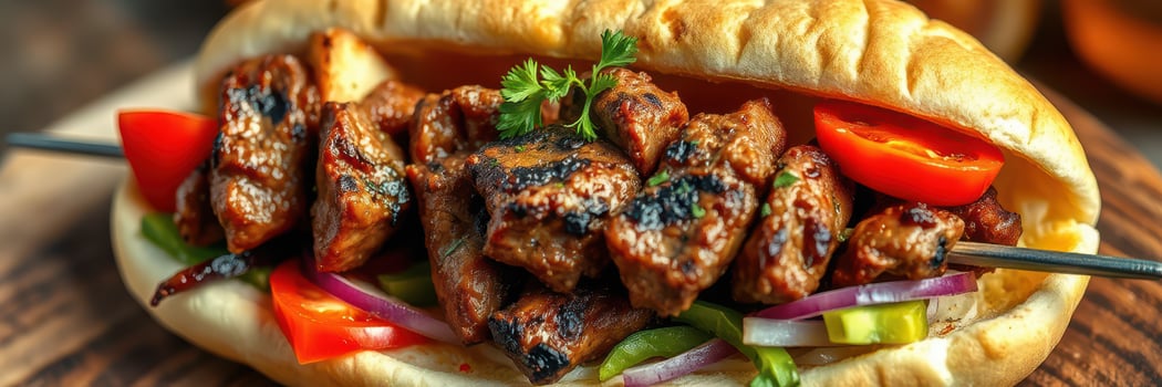 Sizzling skewers served in pita bread with fresh vegetables at a vibrant outdoor market photo