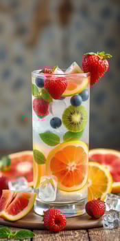 Refreshing summer beverage featuring assorted fruits and mint garnished with ice cubes in a clear glass photo
