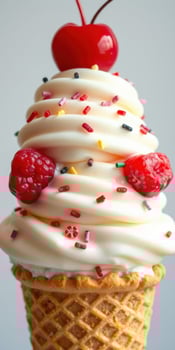 Delicious frozen treat with whipped cream, cherries, and sprinkles served in a waffle cone at a summer celebration photo