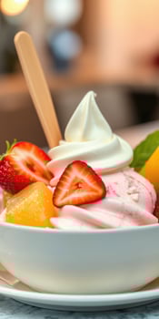 Delightful dessert bowl with soft serve ice cream and fresh fruit garnishes enjoyed in a cozy cafe atmosphere photo
