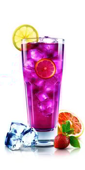 Refreshing purple drink with fruits and ice served in a tall glass in bright light photo