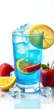 Refreshing blue drink with lemon and strawberries garnished with fresh fruit and ice cubes on a bright background photo