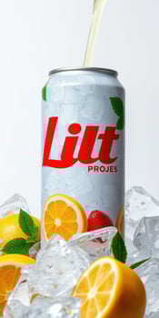 Refreshing beverage can with fresh citrus fruits and ice cubes in a vibrant setup photo