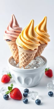 Soft serve ice cream cones arranged beautifully in a bowl with fresh strawberries and blueberries photo