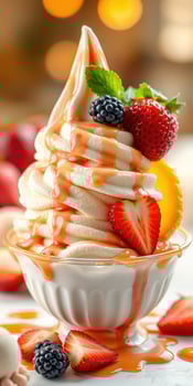 Delicious dessert featuring soft-serve ice cream topped with fresh fruits and vibrant syrup in a cozy setting photo