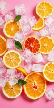 Vibrant citrus slices with ice cubes create a refreshing summer vibe on a pink background photo