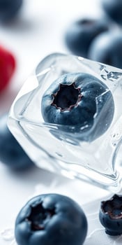 Fresh blueberries trapped in ice cube with a blurred background of berries creating a cool and refreshing atmosphere photo