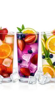 Refreshing summer drinks featuring fruits with ice cubes on a bright background photo