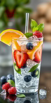 Colorful fruit cocktail with berries and citrus garnishes served in glass over ice photo