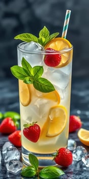 Refreshing summer beverage with lemon, strawberries, and mint served over ice photo