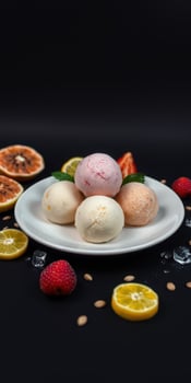 Colorful ice cream scoops served on a plate with fresh fruit and ice on a dark background photo