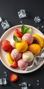 Colorful ice cream dessert served with fresh fruit and decorative ice on a dark background photo