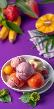 Colorful fruit sorbet served on a bowl with fresh tropical fruits on a vibrant purple background photo