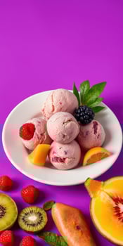 Delicious berry ice cream served in a bowl with vibrant fruits on a bright purple background photo