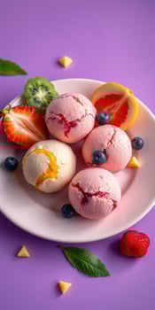 Delicious scoops of colorful ice cream served with fresh fruits on a vibrant purple background photo