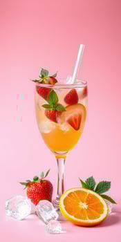 Refreshing summer cocktail featuring strawberries and oranges with ice against a pink background photo